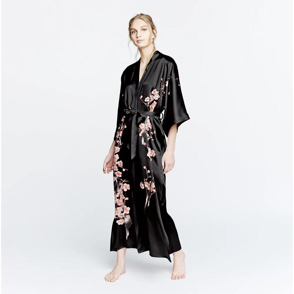 New KIM + ONO Silk Handpainted Cherry Blossom Long Kimono Long Robe Black Blush